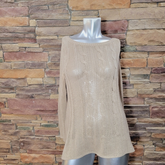 Wooden Ships TAN Cable Knit Boyfriend Sweater Small/Medium - Picture 9 of 12
